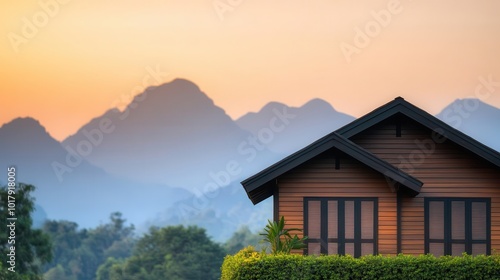 Wooden Cabin with Mountain View at Sunset in Thailand photo