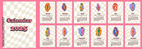 2025 calendar with Beauty female reproductive system. Vulva. Calendar planner minimal style, annual organizer. 