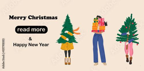 Web page design template. Girls that are carry christmas tree. Vector illustration for poster, banner, website development.