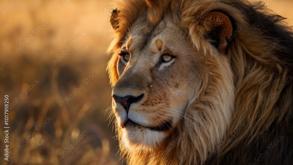 Obraz premium Serene Lion Gaze in the African Plains During Sunset, Capturing Raw Strength and Beauty