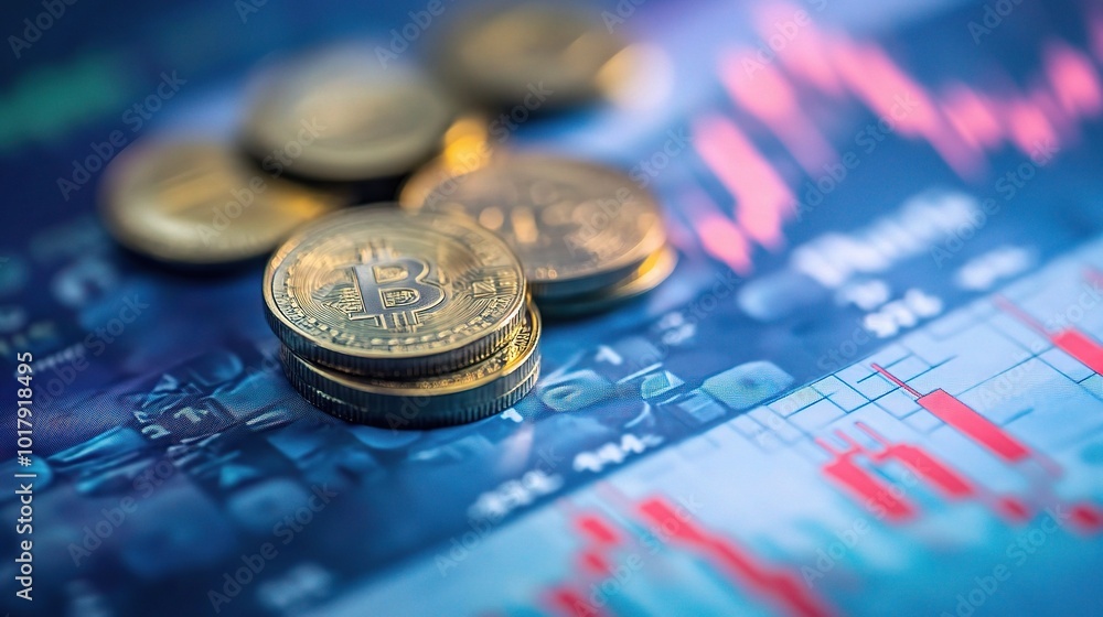 Bitcoins on Financial Chart Background Bitcoins on Financial Chart Background