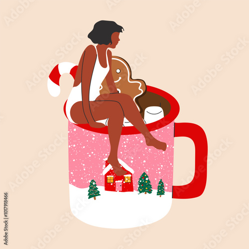 A woman is bathing in a cute holiday mug with a flat cartoon style, featuring a Christmas hot drink.