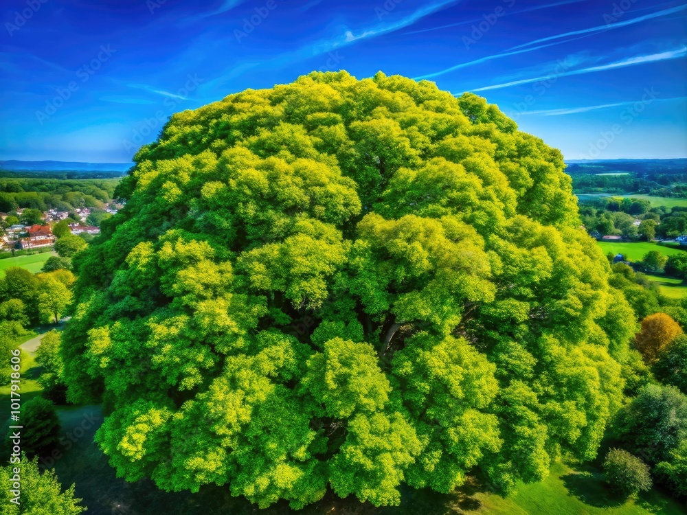 Lush Green Tree with Vibrant Leaves in Bright Sunshine Against a Clear Blue Sky in Nature Setting Lush Green Tree with Vibrant Leaves in Bright Sunshine Against a Clear Blue Sky in Nature Setting
