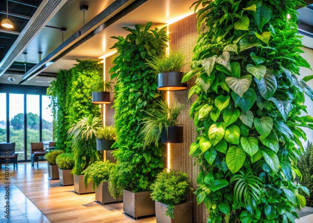 Fototapeta premium Lush Green Vertical Plant Display in Modern Indoor Environment Adding Freshness and Style to Space