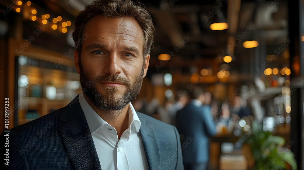 A confident man in a suit stands in a lively social setting. A confident man in a suit stands in a lively social setting.