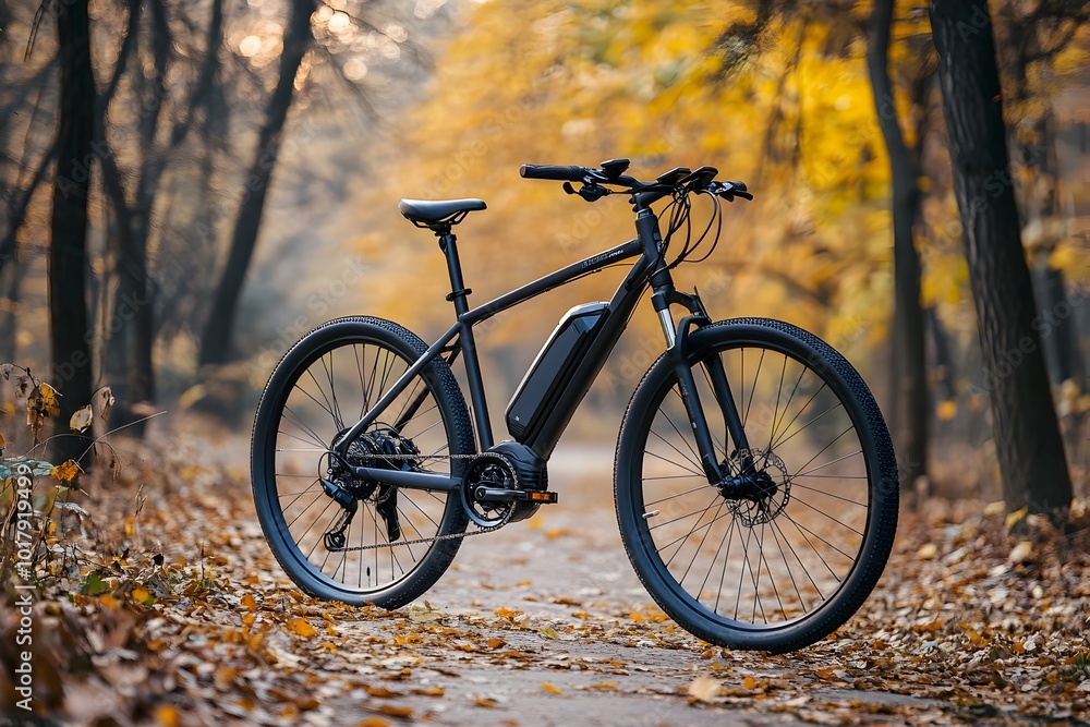 Electric Bicycle on Autumn Woodland Trail Electric Bicycle on Autumn Woodland Trail
