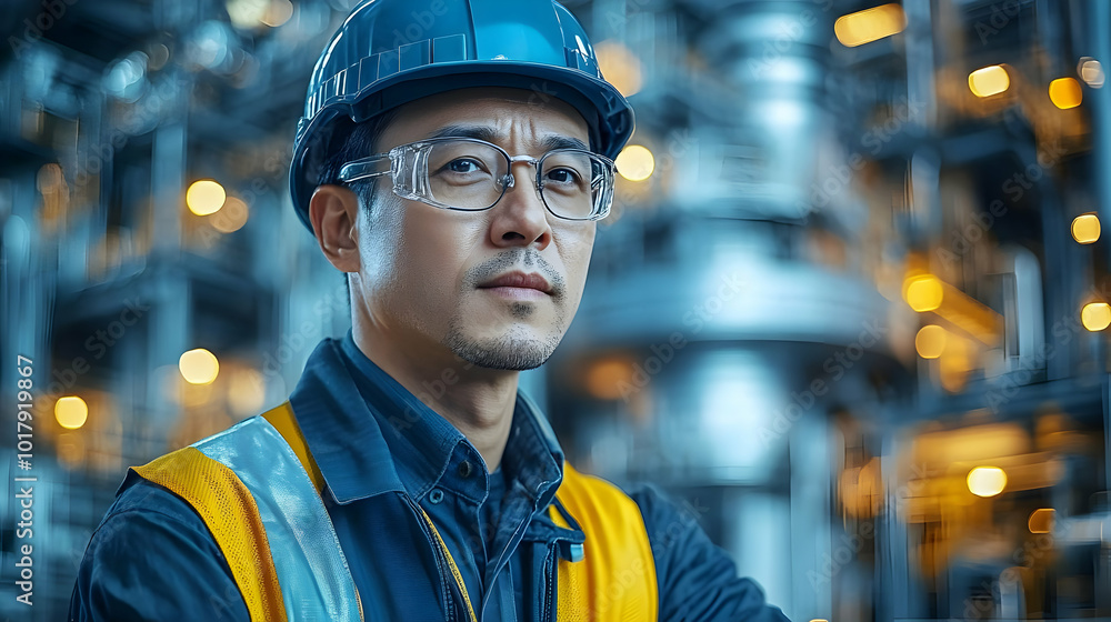 A confident worker in safety gear at an industrial facility. A confident worker in safety gear at an industrial facility.