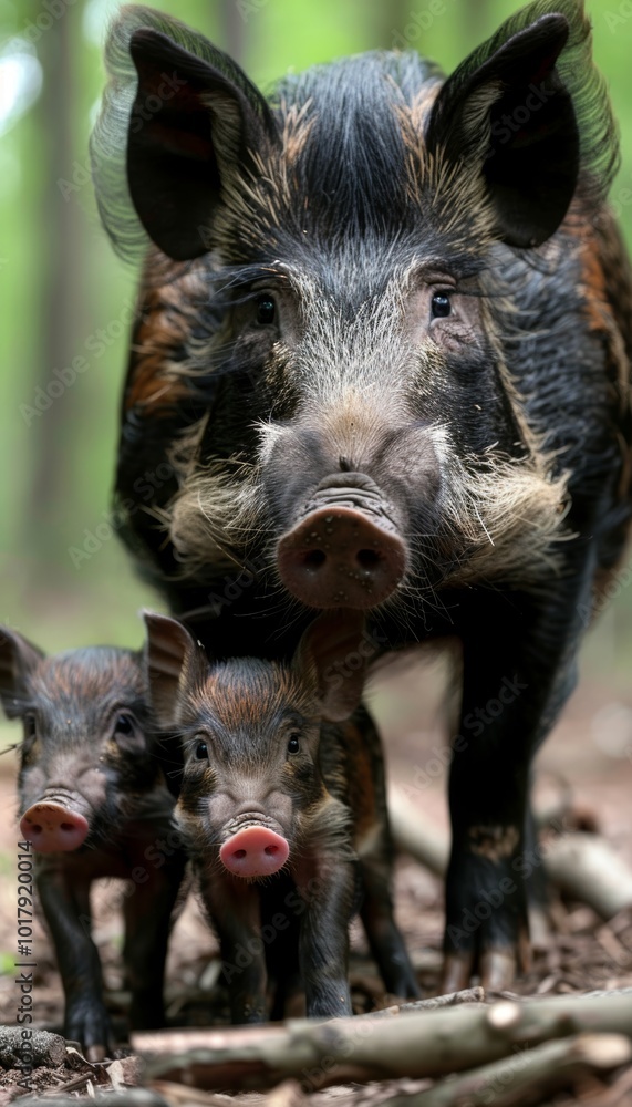 Protective Wild Boar Mother Standing Guard with her Two Adorable Piglets in Lush Forest