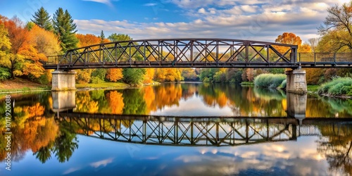 A symmetrical bridge over a river during fall in Stratford, Ontario photo