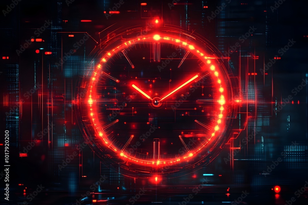 Obraz premium Futuristic Glowing Digital Clock Silhouette with Laser Red Neon Light Effects