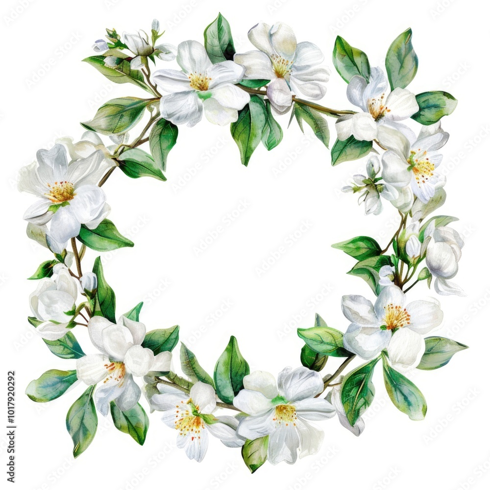 Fototapeta premium Watercolor Floral Wreath of White Jasmine Blossoms and Green Leaves on White Background