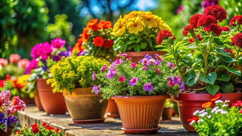 Wallpaper Mural Lush Potted Plants Arranged Outdoors on a Sunny Day Featuring Vibrant Greenery and Colorful Blooms Torontodigital.ca