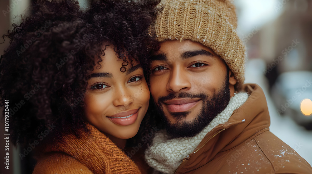 A couple smiling warmly in winter attire, enjoying each other's company. A couple smiling warmly in winter attire, enjoying each other's company.