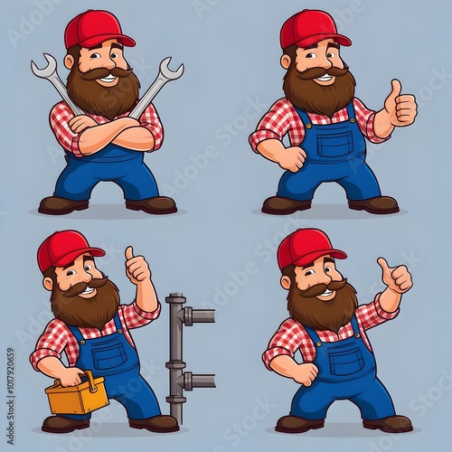 A cartoon-style mechanic with a thick beard, wearing a red plaid shirt, blue overalls, and a red cap. Show him in various poses: 1) standing with arms crossed and holding a wrench, 2) bending over to 