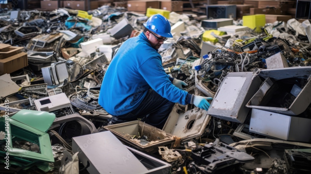 A worker in safety gear carefully examines e-waste piles in a cluttered environment, highlighting recycling challenges and sustainability issues. A worker in safety gear carefully examines e-waste piles in a cluttered environment, highlighting recycling challenges and sustainability issues.