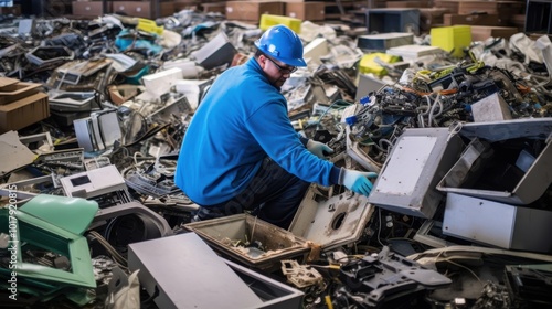 A worker in safety gear carefully examines e-waste piles in a cluttered environment, highlighting recycling challenges and sustainability issues.