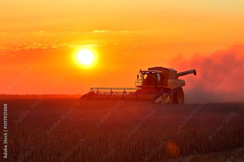 Fototapeta premium Combine Harvester in Soybean Field Under Fiery Sunset Sky During Autumn Harvest Season