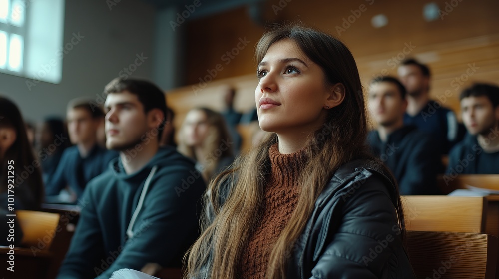 Focused university students in lecture hall - educational atmosphere with copy space Focused university students in lecture hall - educational atmosphere with copy space