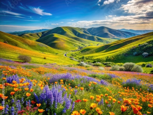 Lush Spring Valley Landscape with Blooming Wildflowers and Rolling Hills Under a Clear Blue Sky