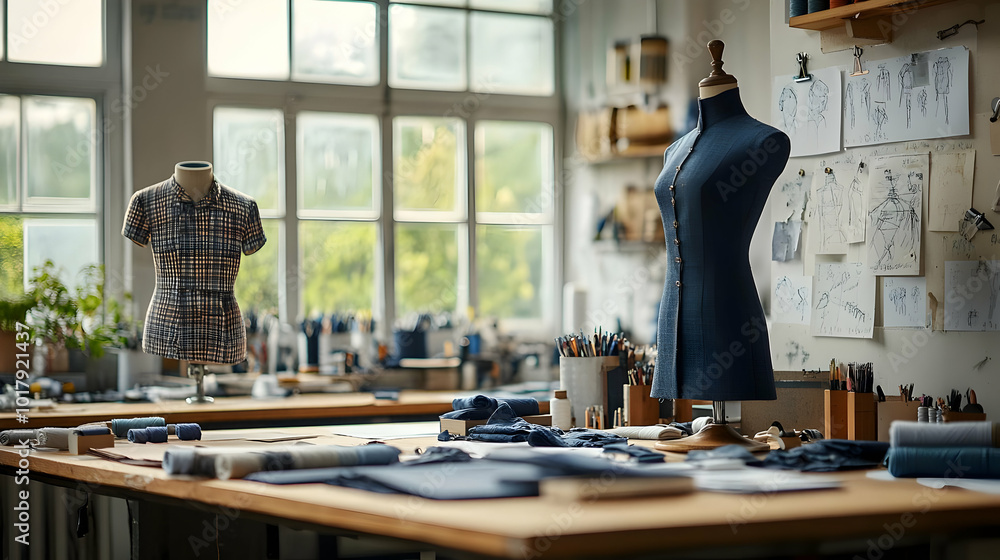 A creative workspace filled with fabric and design sketches. A creative workspace filled with fabric and design sketches.