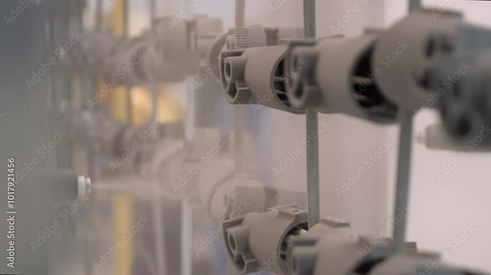 The operation of an automated machine at a factory for the production of lamps for street lighting. The machine automatically paints the parts of the lamp. Industrial production. The operation of an automated machine at a factory for the production of lamps for street lighting. The machine automatically paints the parts of the lamp. Industrial production.