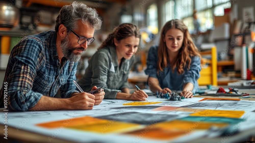 Three individuals collaborating on design sketches in a workshop.