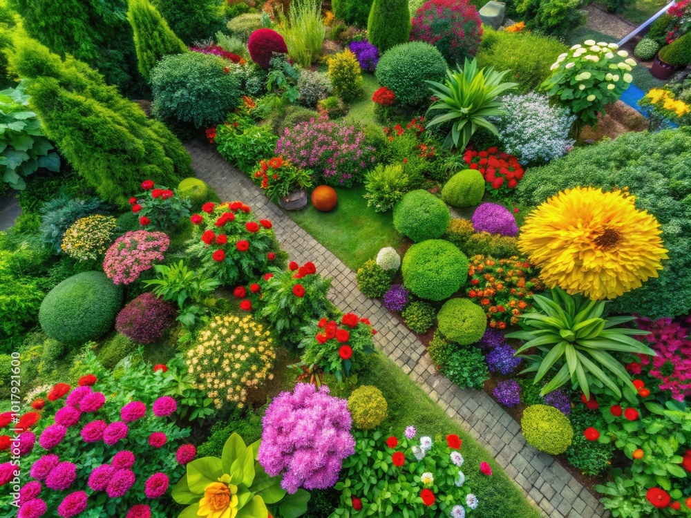 Lush Top View of a Vibrant Garden with Colorful Flowers and Green Foliage in Natural Light Lush Top View of a Vibrant Garden with Colorful Flowers and Green Foliage in Natural Light