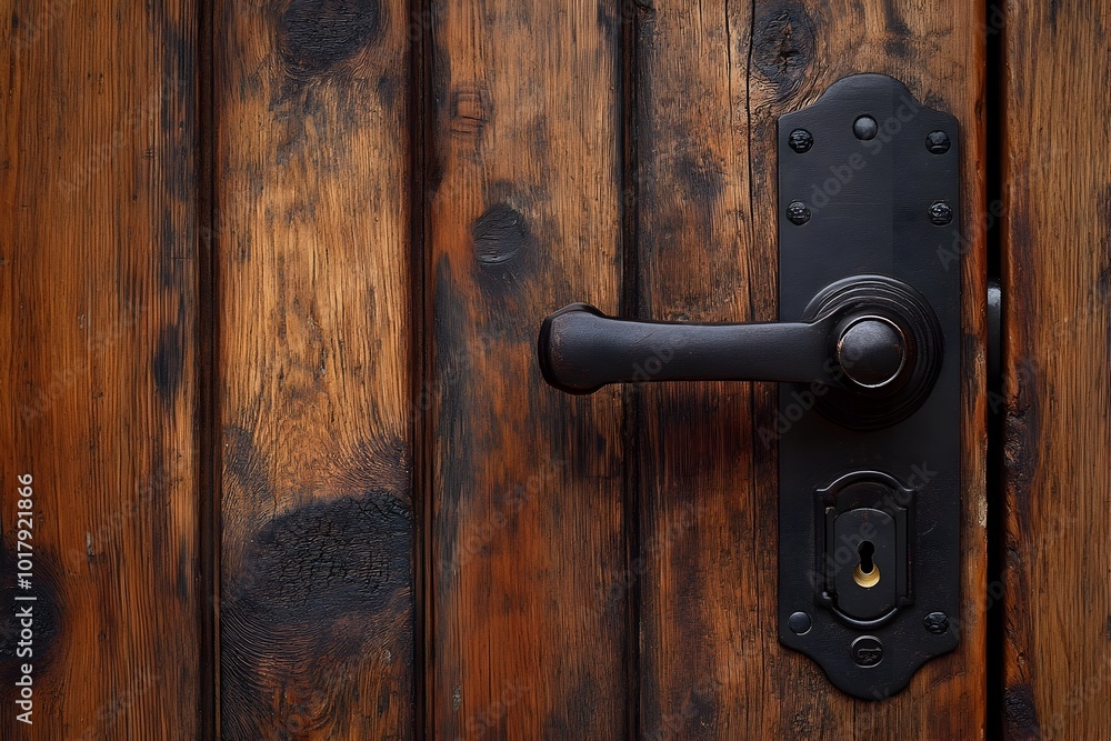 Obraz premium Wooden door with digital locking mechanism and ornamental handle