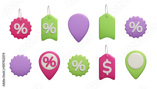 Different 3D promotion discount tags collection. Colorful percent special offer label, dollar price tag, online shopping sale design element 3d vector icon set isolated on white background.