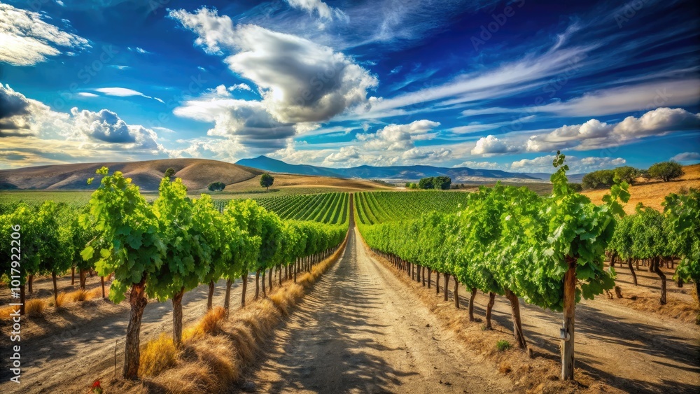 Lush vineyard in the desert landscape showcasing rows of grapevines against a clear blue sky Lush vineyard in the desert landscape showcasing rows of grapevines against a clear blue sky