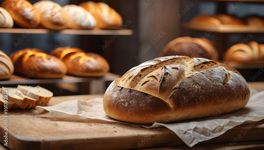 Diferentes clases de pan sobre una mesa y mostrador de madera en un obrador rústico. Comida, alimento, panadería Diferentes clases de pan sobre una mesa y mostrador de madera en un obrador rústico. Comida, alimento, panadería