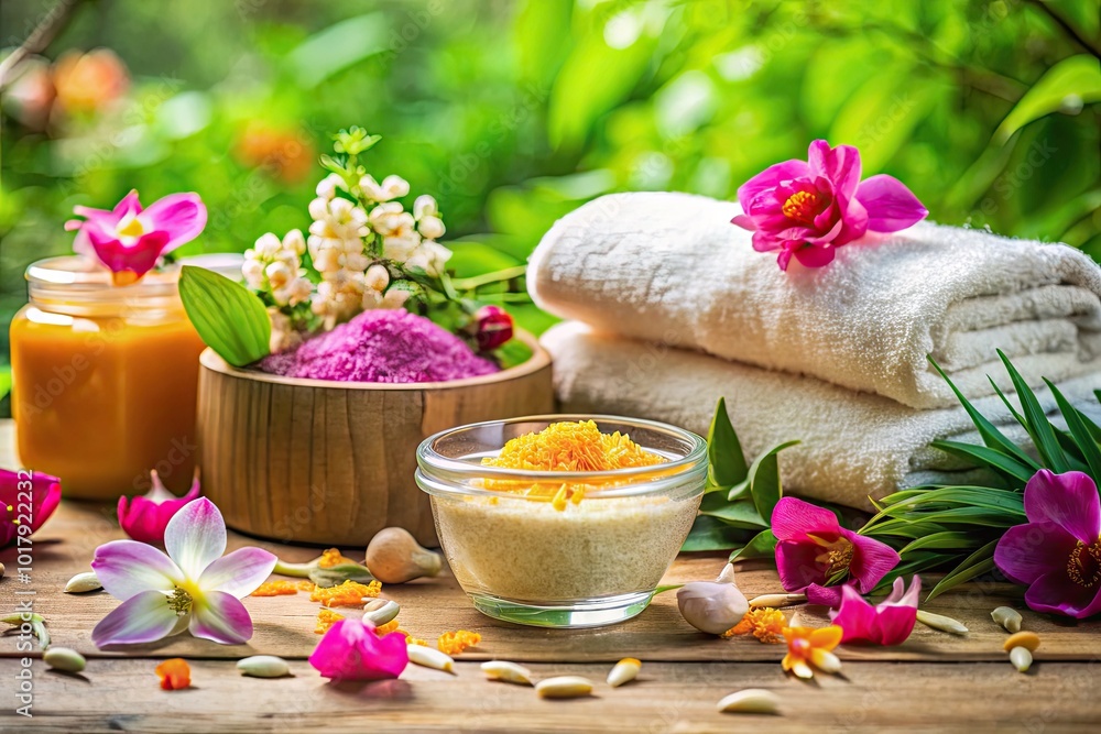 Luxurious Asian Skin Care Products on a Soft Towel Surrounded by Natural Ingredients and Flowers Luxurious Asian Skin Care Products on a Soft Towel Surrounded by Natural Ingredients and Flowers
