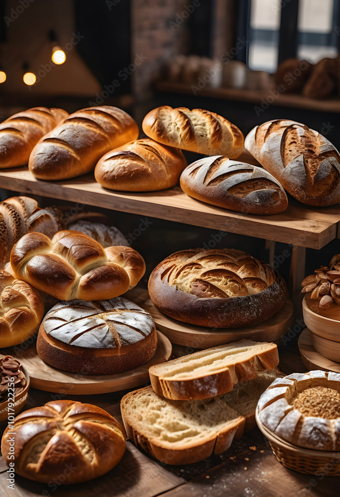 Diferentes clases de pan sobre una mesa y mostrador de madera en un obrador rústico. Comida, alimento, panadería Diferentes clases de pan sobre una mesa y mostrador de madera en un obrador rústico. Comida, alimento, panadería