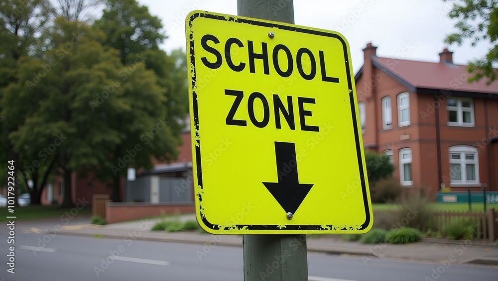 Yellow School Zone crossing sign on suburban street with school building in distance Yellow School Zone crossing sign on suburban street with school building in distance