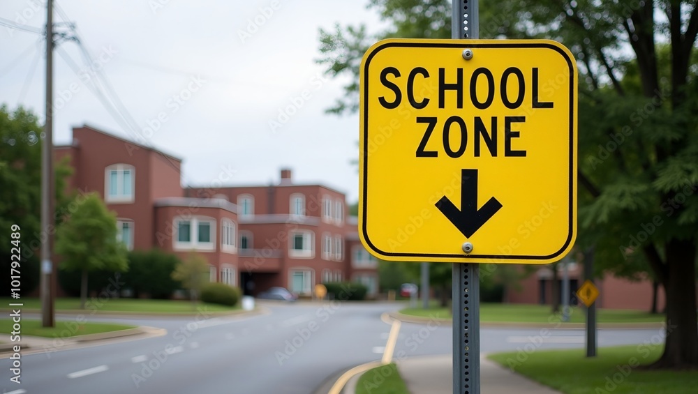 Yellow School Zone crossing sign on suburban street with school building in distance Yellow School Zone crossing sign on suburban street with school building in distance