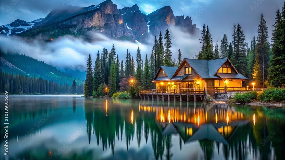 Fototapeta premium Discover the wonder of an enchanting night at Emerald Lake Lodge in Yoho National Park, Canada, with breathtaking scenery and serene, cozy allure.