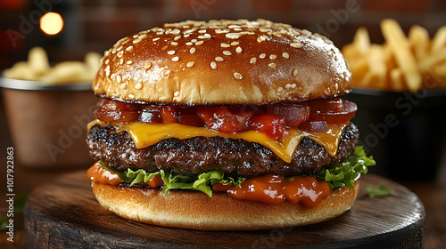 A delicious burger with cheese, lettuce, and condiments, served with fries.