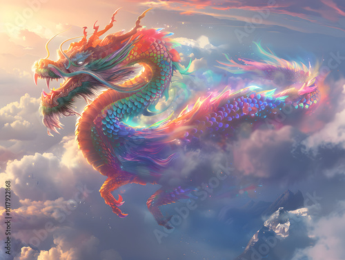 Ancient colorful dragon statue, symbol of power and fantasy in Chinese temple, Asia's cultural heritage