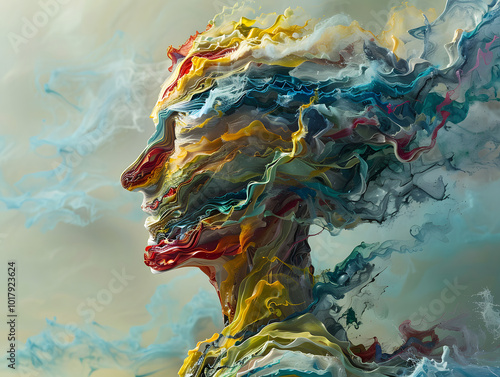 Abstract watercolor painting of a woman with grunge texture and blue hues, inspired by nature and sea