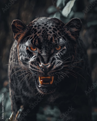 Leopard Portrait. African Beast with Attentive Eyes in Black Background