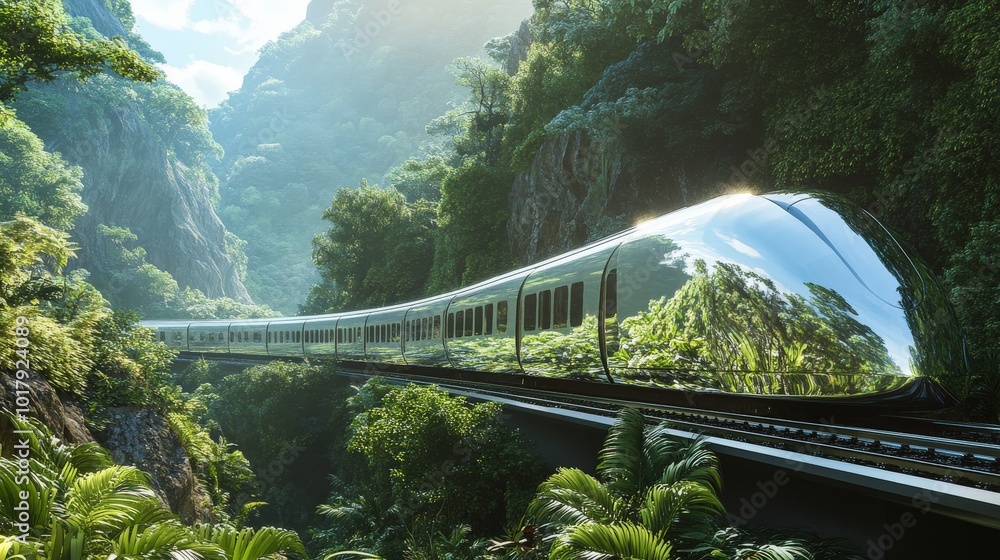 Fototapeta premium A modern train with a chrome exterior cutting through a mountain pass, surrounded by lush greenery