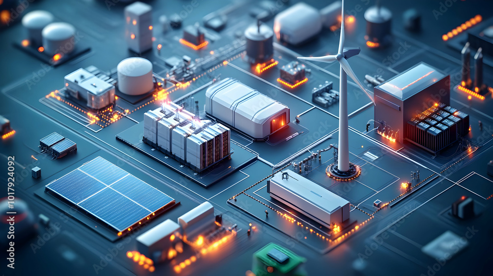 A detailed model of a sustainable energy facility with various technologies. A detailed model of a sustainable energy facility with various technologies.