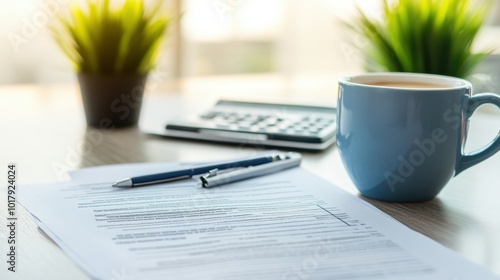 Paperwork and Coffee on Office Desk Scene