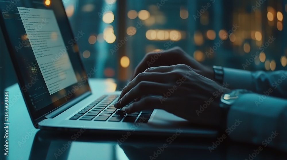 Focused Hands Typing on a Laptop in Evening Light Focused Hands Typing on a Laptop in Evening Light