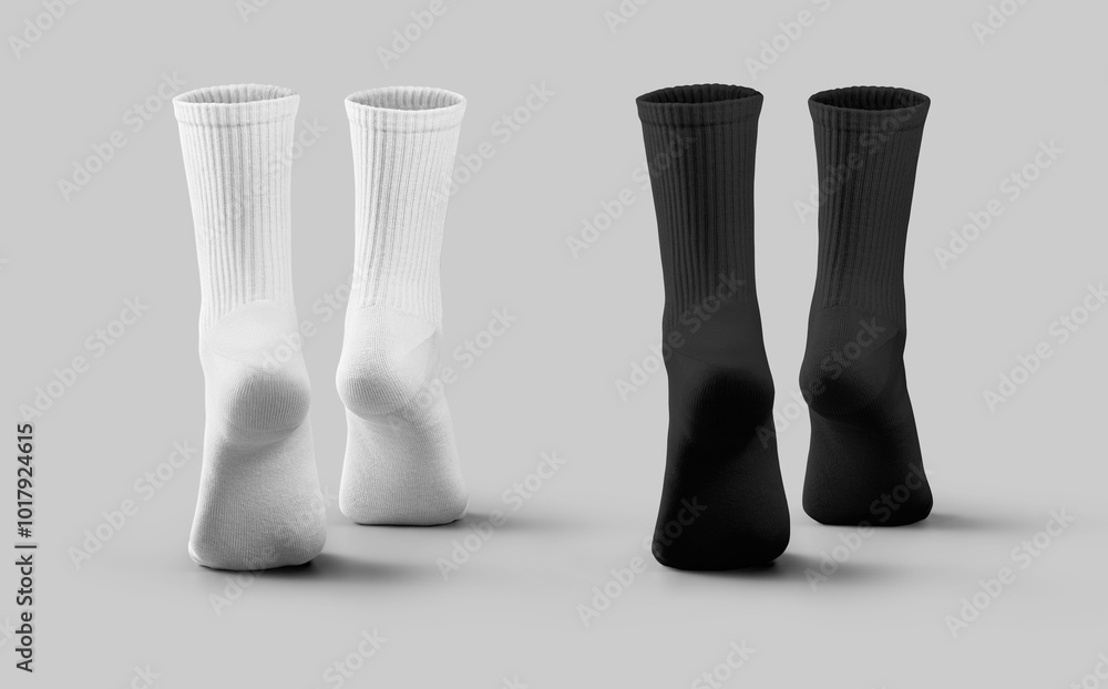 Mockup of white, black long socks, 3D rendering, feet on tiptoes, back view, isolated on background. Set Mockup of white, black long socks, 3D rendering, feet on tiptoes, back view, isolated on background. Set