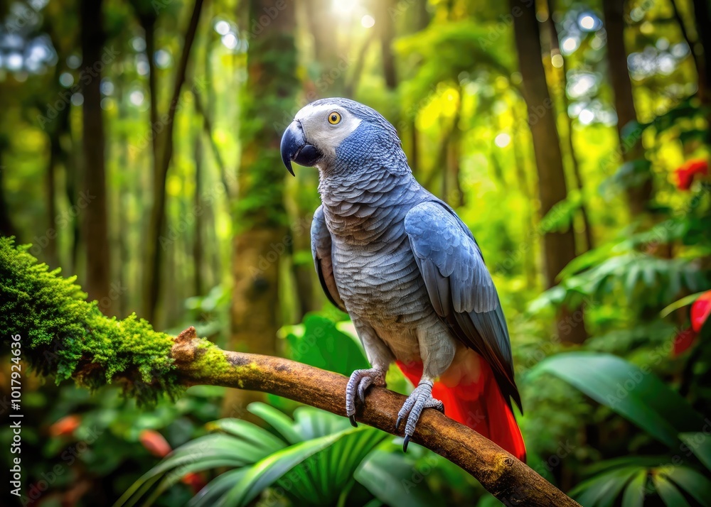 Fototapeta premium Majestic African Grey Parrot Perched on a Branch in Lush Green Forest Setting with Vibrant Colors