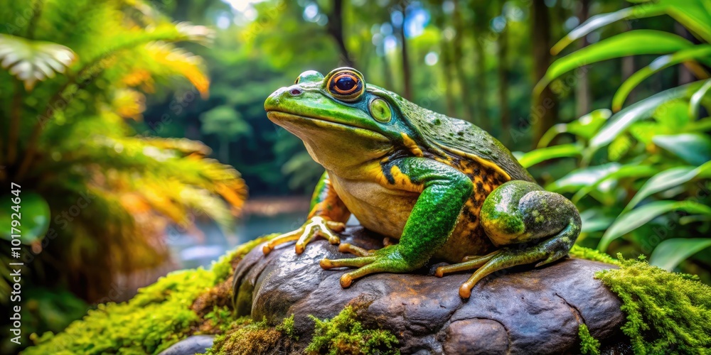 Fototapeta premium Majestic African Giant Frog Sitting on a Rock Surrounded by Lush Greenery in Natural Habitat