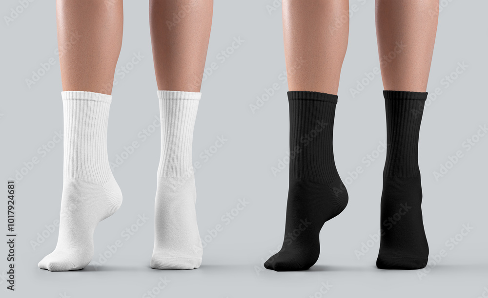 Mockup of white, black high socks on tiptoes, female gaiters, front, toe stretched, isolated on background. Set Mockup of white, black high socks on tiptoes, female gaiters, front, toe stretched, isolated on background. Set