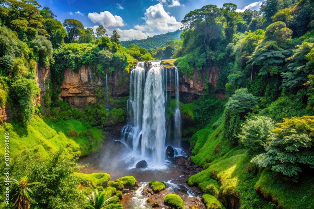 Majestic African Waterfall Cascading Through Lush Greenery in a Vibrant Natural Landscape Setting Majestic African Waterfall Cascading Through Lush Greenery in a Vibrant Natural Landscape Setting