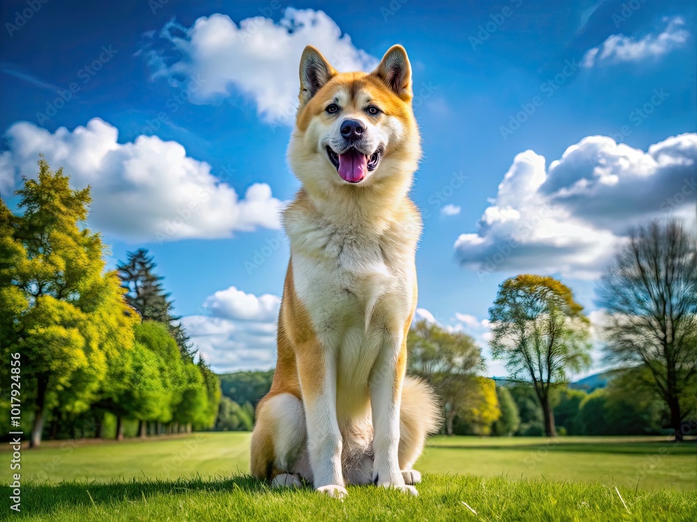 Majestic Akita Dog Sitting Proudly in a Lush Green Park Under a Clear Blue Sky Majestic Akita Dog Sitting Proudly in a Lush Green Park Under a Clear Blue Sky